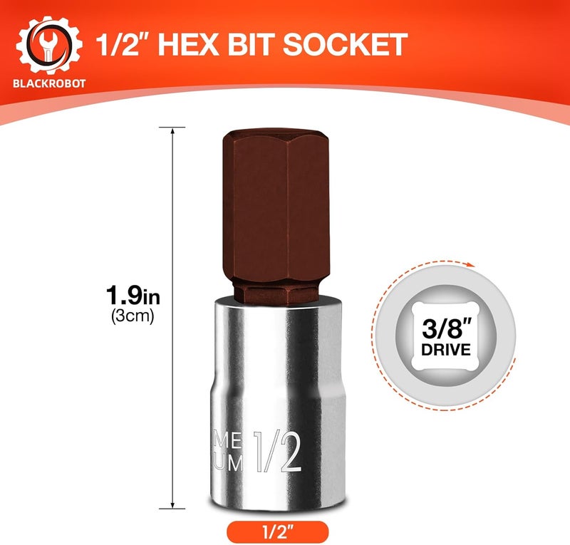 BLACKROBOT 1/2 inch Hex Bit Socket, 3/8 Inch Drive 1/2 Allen Key Socket, SAE, Full Polished, S2 Steel Head Made For Repairing - Image 1